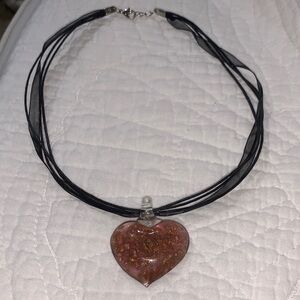 Elegant Murano Glass Puffy Heart Necklace with copper rose gold tone design.